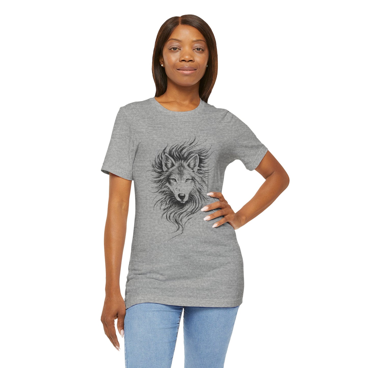 Wolf portrait in charcoal drawing style, unisex wildlife tee
