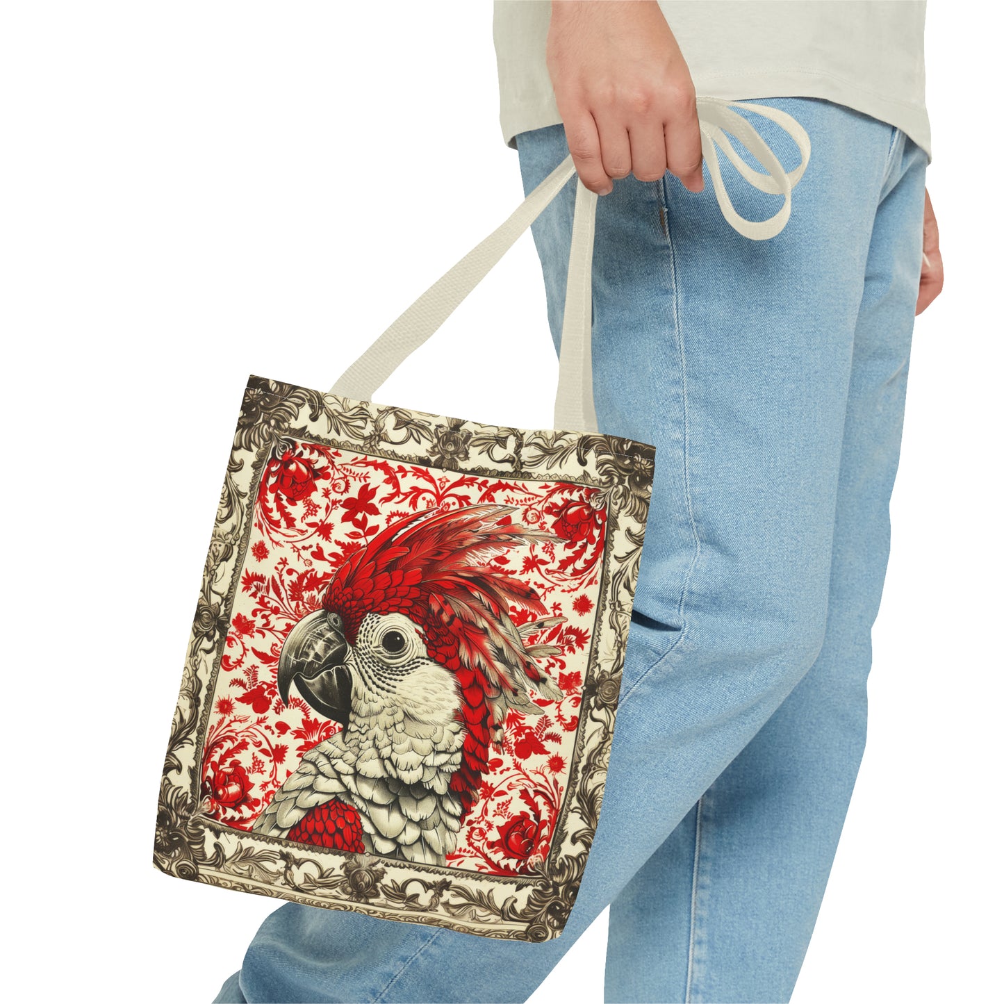 Canvas Tote Bag, vintage inspired bird design in red, vibrant artistic accessory, all over print bag
