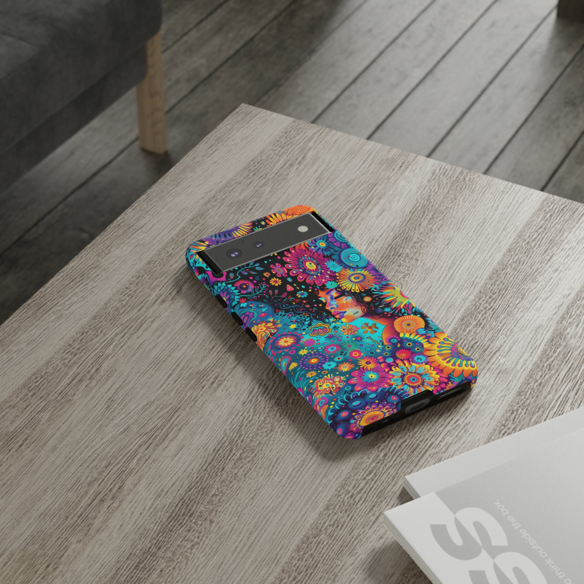 Phone Case, 1970's inspired flower girl, Artistic design, Tough Case, Colorful whimsical flower fantasy design, iPhone 15, 14, 13, 12, 11, Samsung, Pixel
