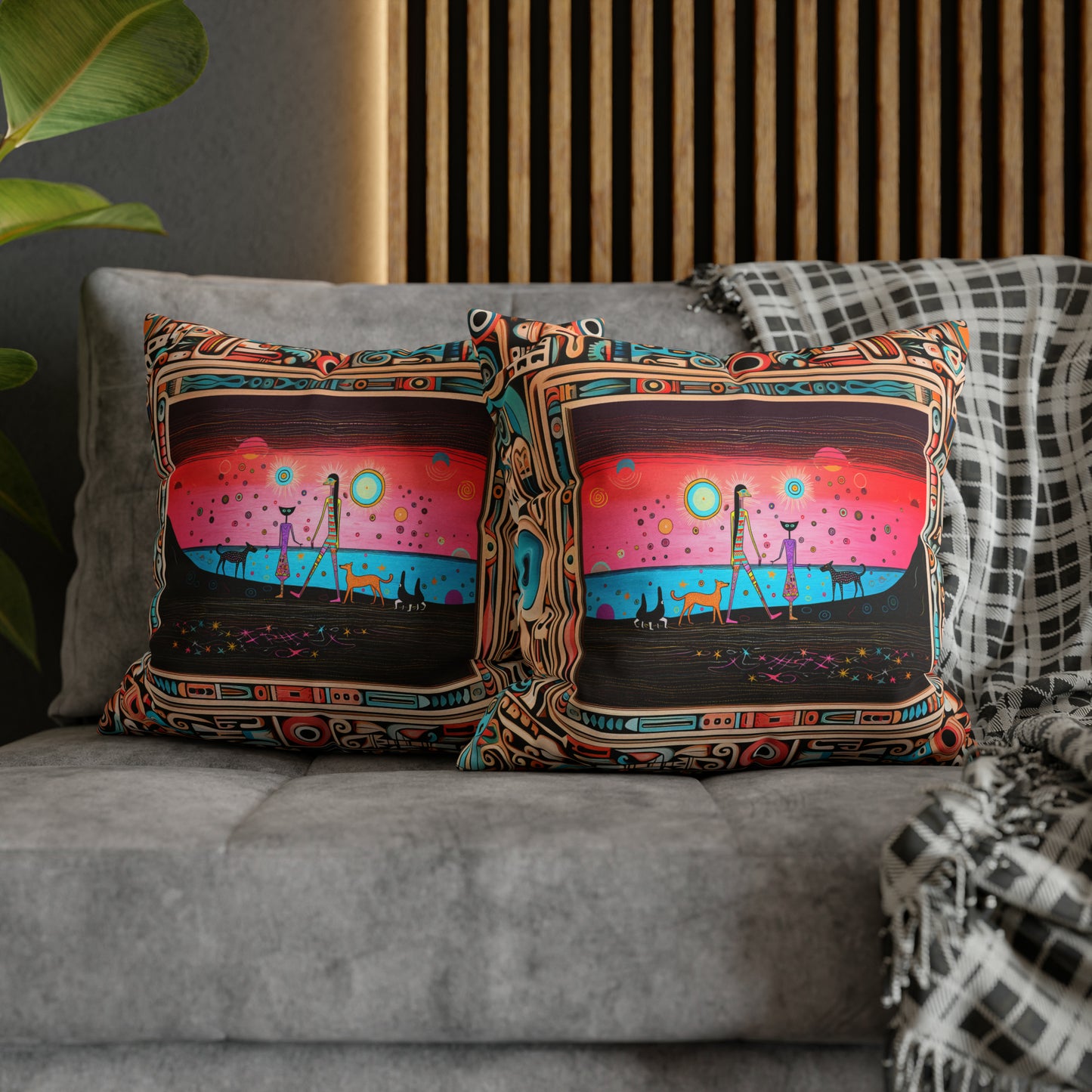 Square Pillow Case 18" x 18", CASE ONLY, no pillow form, original Pop Art Style, Walking on Black Sand Beach, in a Frame