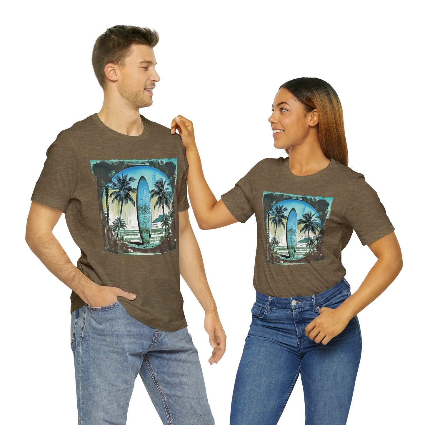 Blue board on the beach Unisex Jersey Short Sleeve Tee