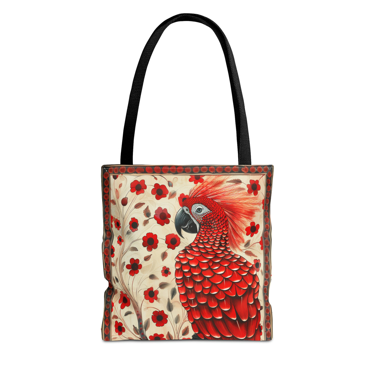 CanvasTote Bag, vintage inspired red parrot design, whimsical colorful bird printed bag, accessory tote , three sizes, all over print