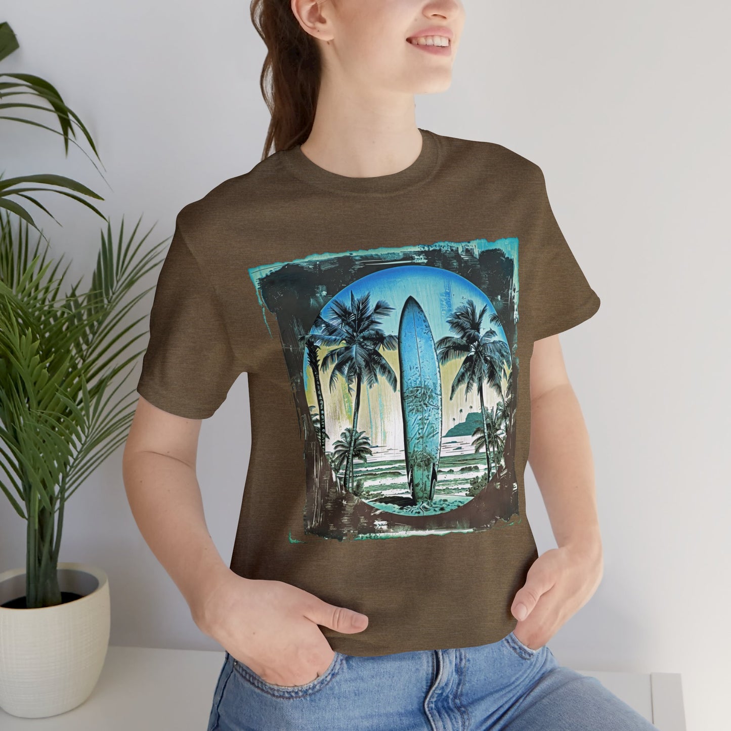 Blue board on the beach Unisex Jersey Short Sleeve Tee