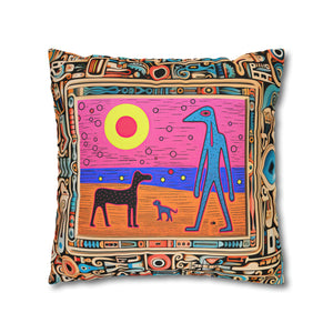 Square Pillow Case 18" x 18", CASE ONLY, no pillow form, original Pop Art Style, Blue Alien on the beach with his Dogs, Framed