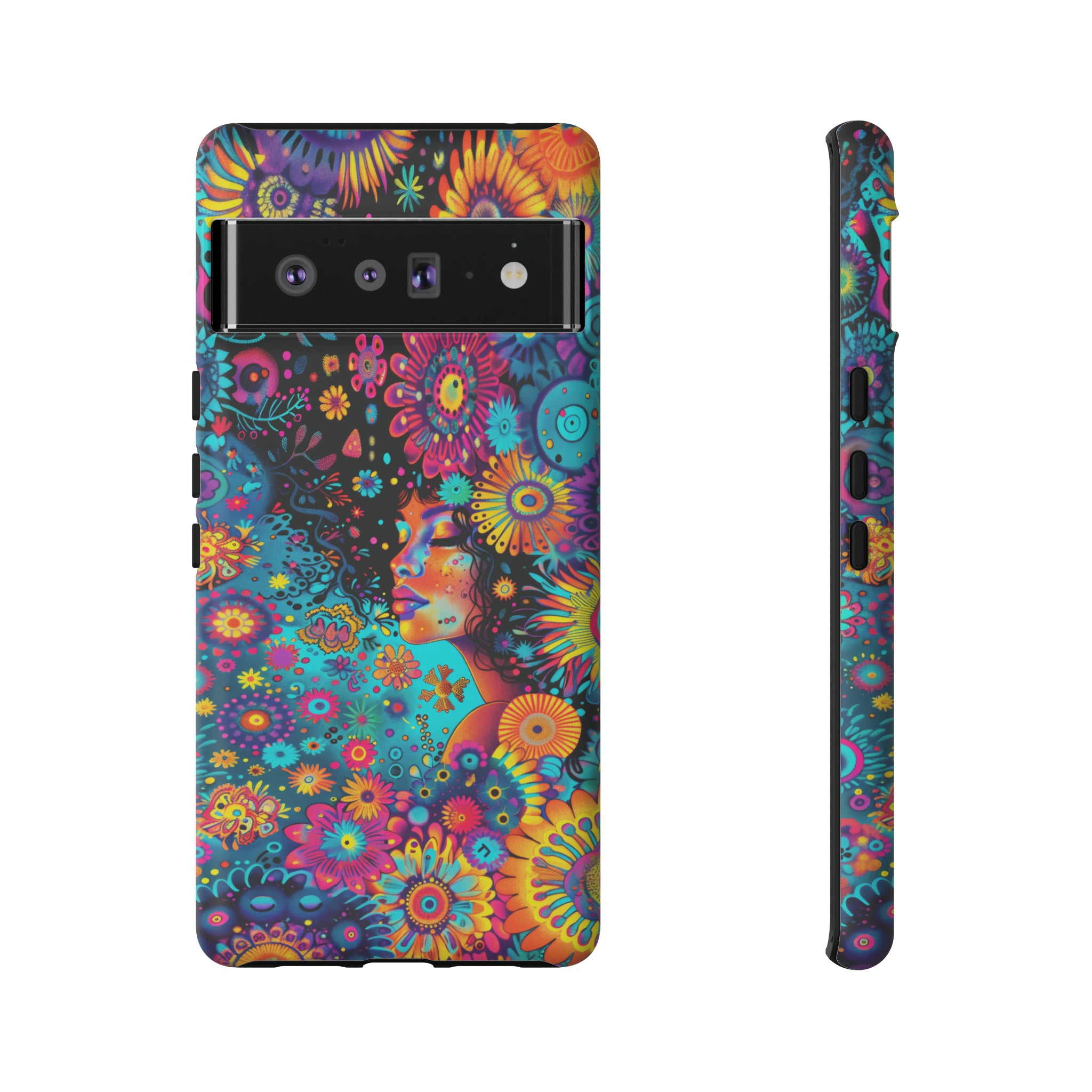 Phone Case, 1970's inspired flower girl, Artistic design, Tough Case, Colorful whimsical flower fantasy design, iPhone 15, 14, 13, 12, 11, Samsung, Pixel