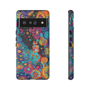 Phone Case, 1970's inspired flower girl, Artistic design, Tough Case, Colorful whimsical flower fantasy design, iPhone 15, 14, 13, 12, 11, Samsung, Pixel