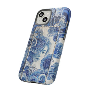 Phone Case, vintage blue girl tile , Artistic design, Tough Case, Blue vintage tile design, iPhone 15, 14, 13, 12, 11, Samsung, Pixel