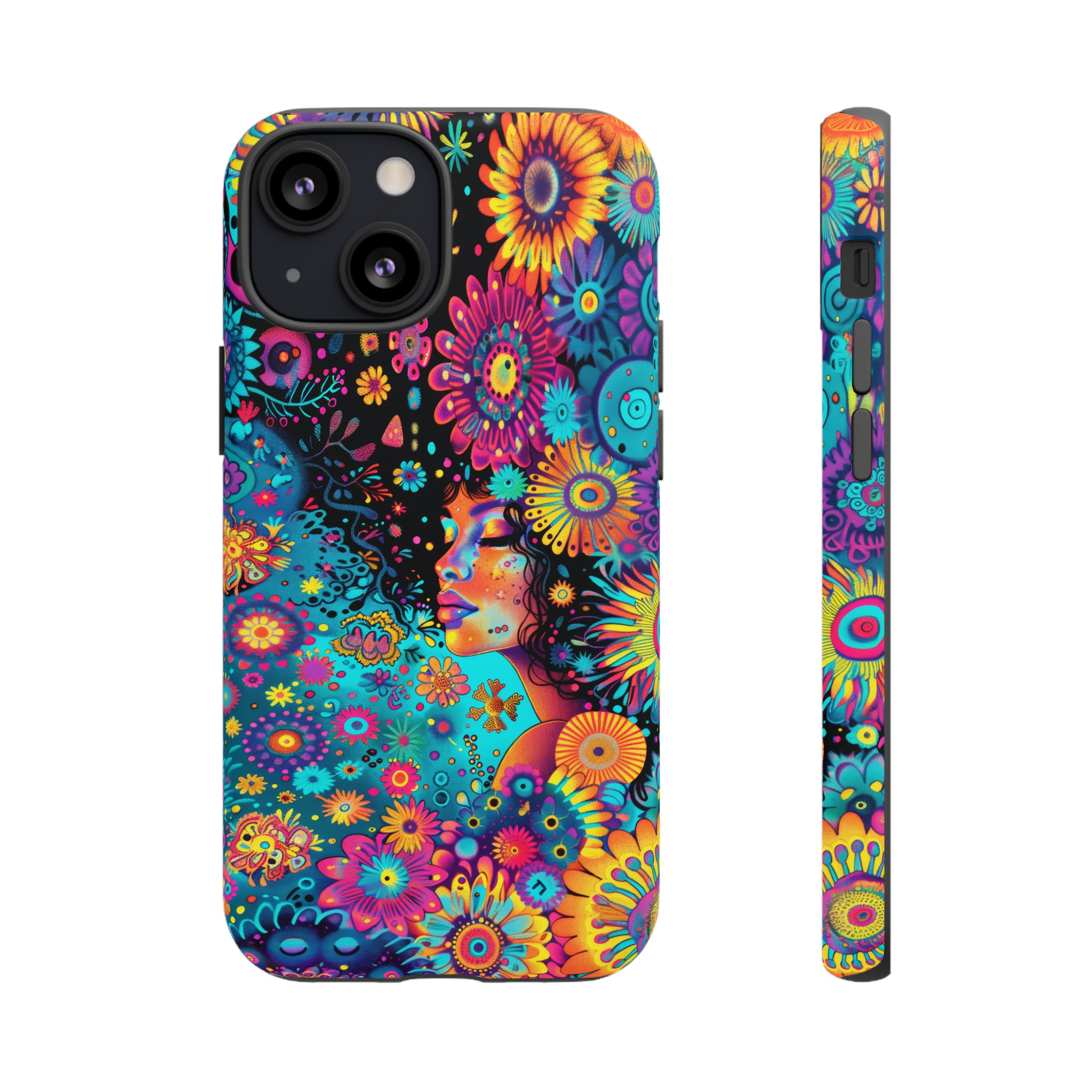Phone Case, 1970's inspired flower girl, Artistic design, Tough Case, Colorful whimsical flower fantasy design, iPhone 15, 14, 13, 12, 11, Samsung, Pixel