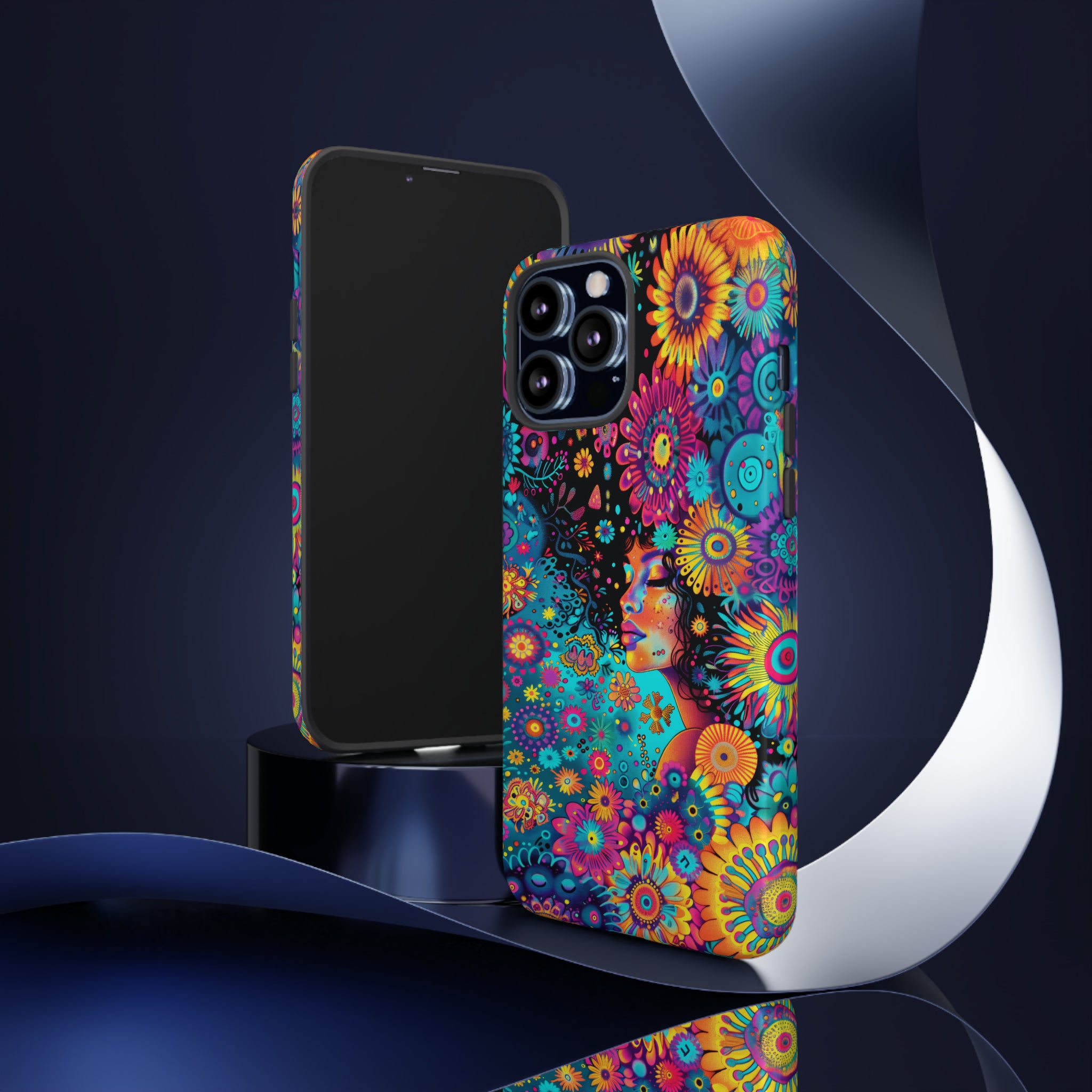 Phone Case, 1970's inspired flower girl, Artistic design, Tough Case, Colorful whimsical flower fantasy design, iPhone 15, 14, 13, 12, 11, Samsung, Pixel