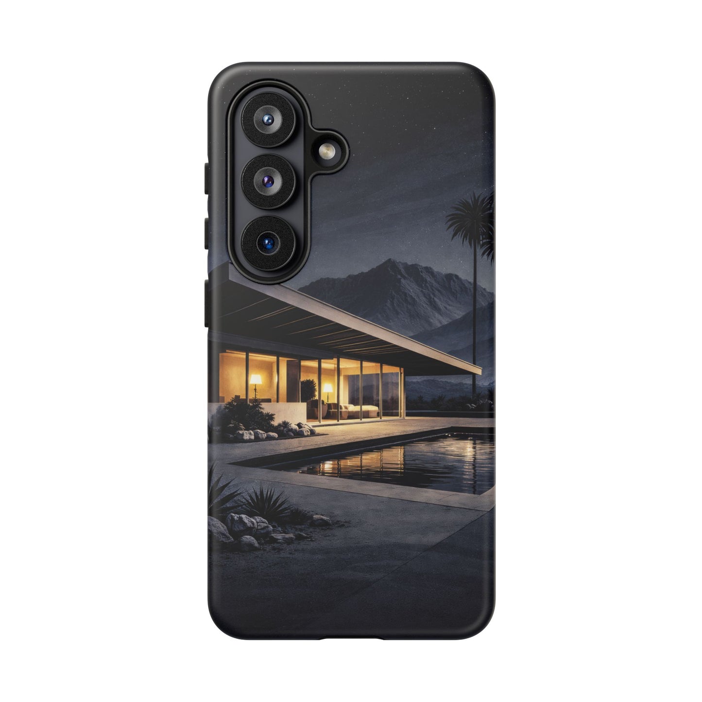 Modern Palm Springs House Phone Case — Mid-Century Poolside Evening Scene