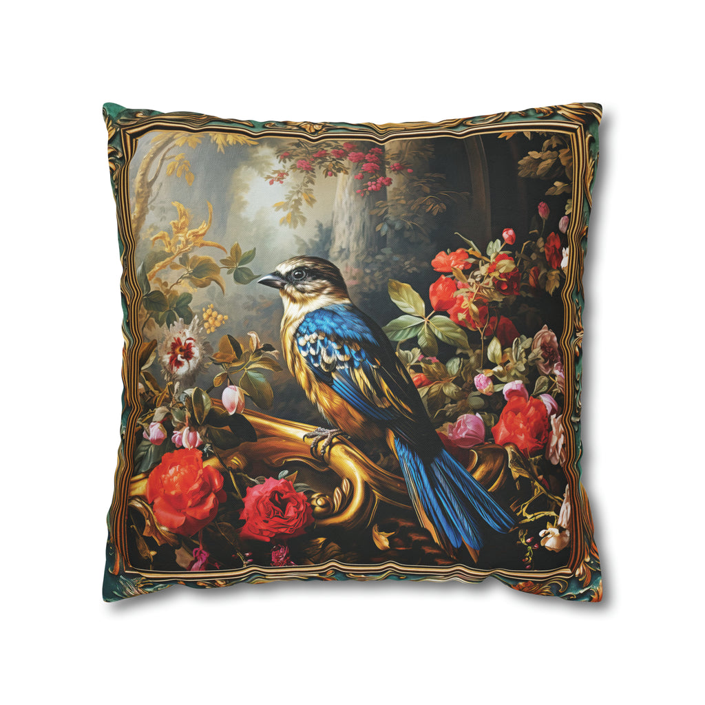 Square Pillow Case 18" x 18", CASE ONLY, no pillow form, original Art , a Colorful Blue & Gold Bird on a Flowering Branch
