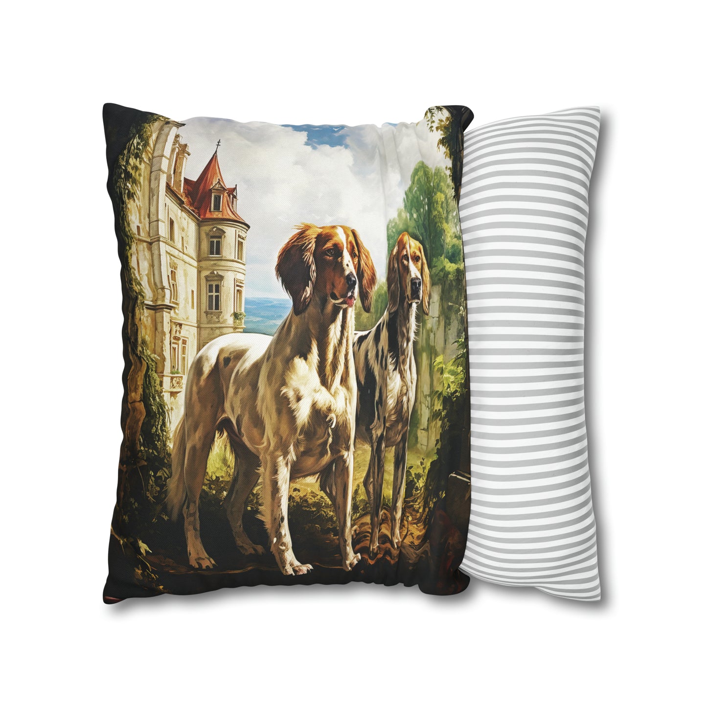 Square Pillow Case 18" x 18", CASE ONLY, no pillow form, original Art ,Colorful, Two Dogs at a French Chateau