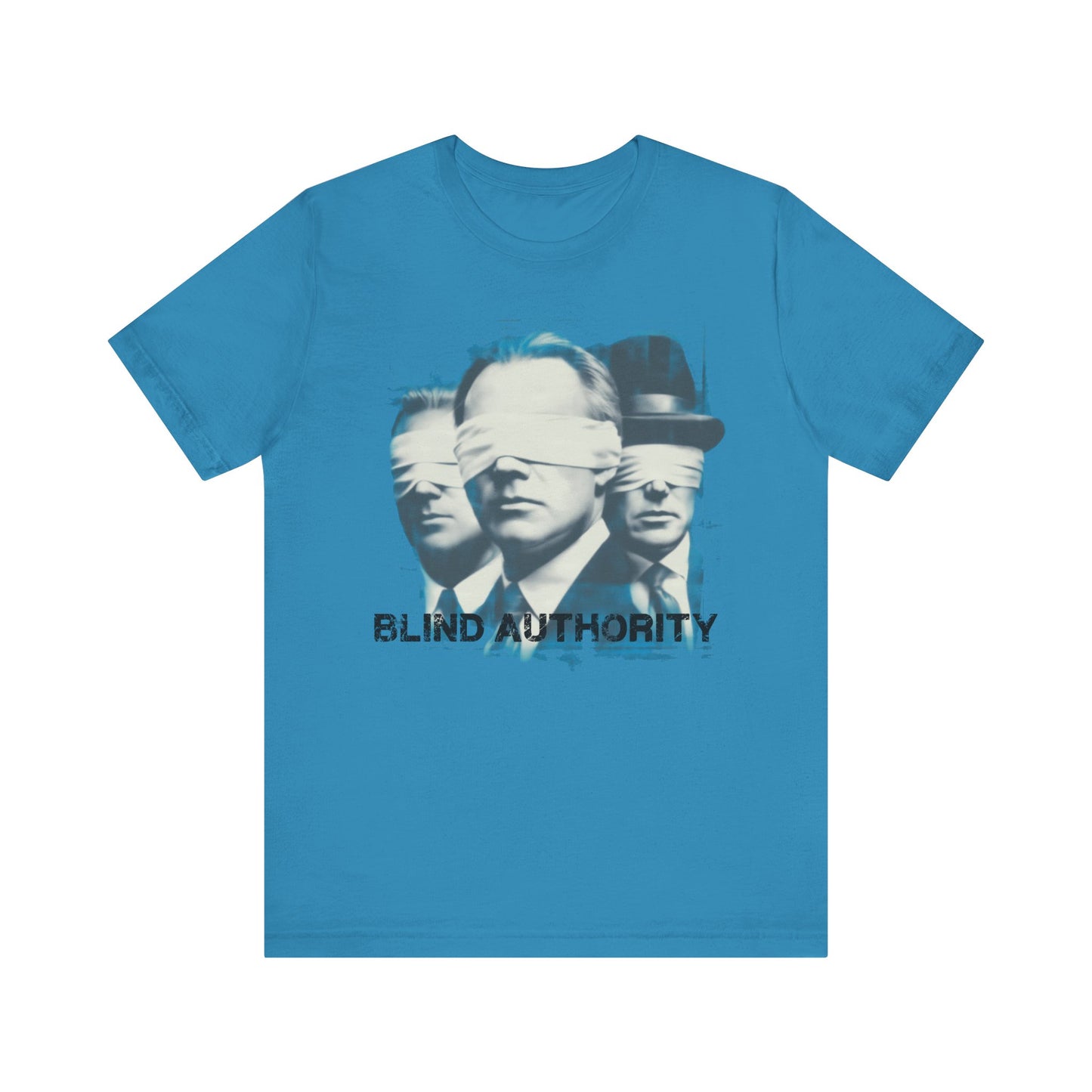 Blind Authority Graphic Tee – Concept Art Shirt, Blindfolded Men, Political Satire, Retro Pop Art, Streetwear Commentary