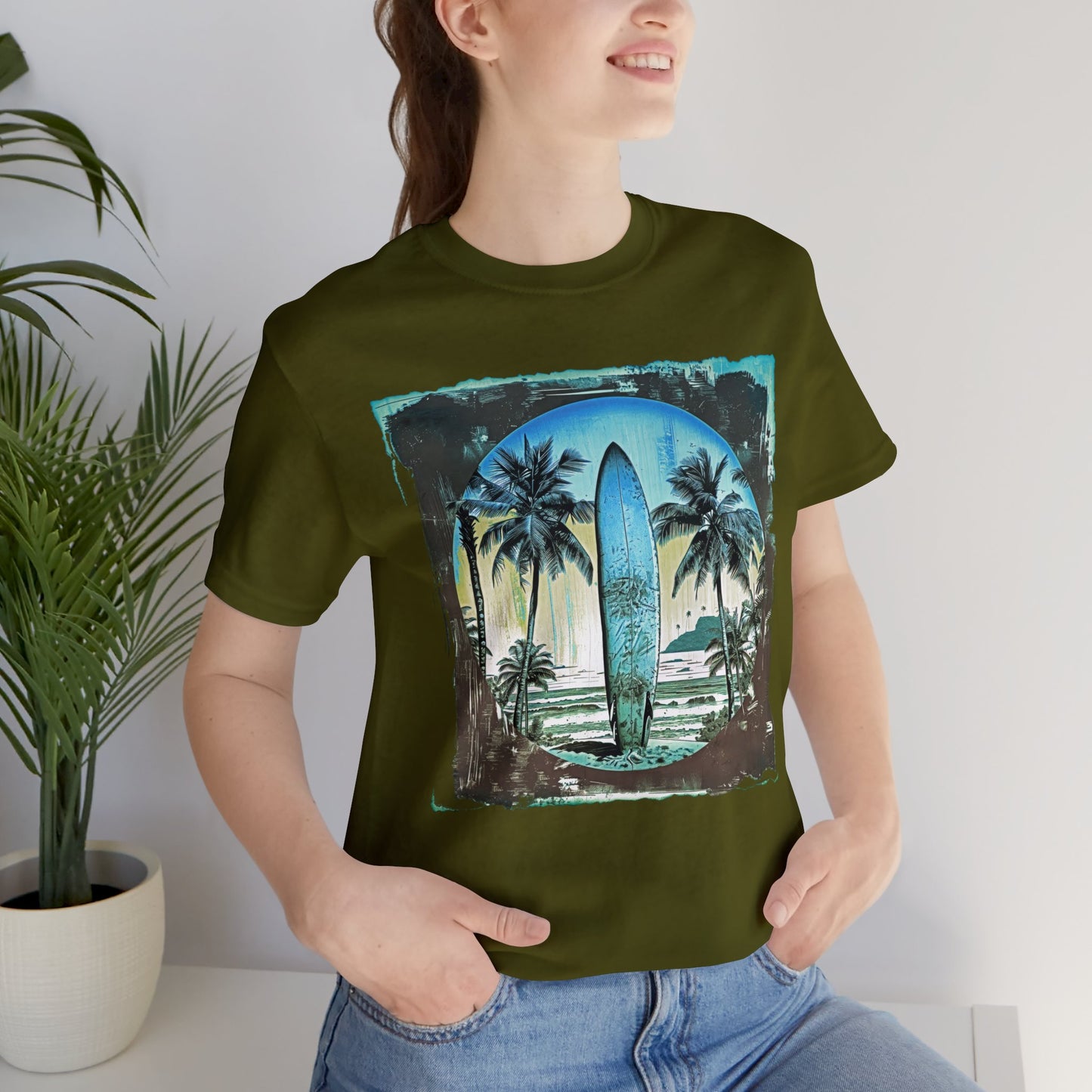 Blue board on the beach Unisex Jersey Short Sleeve Tee