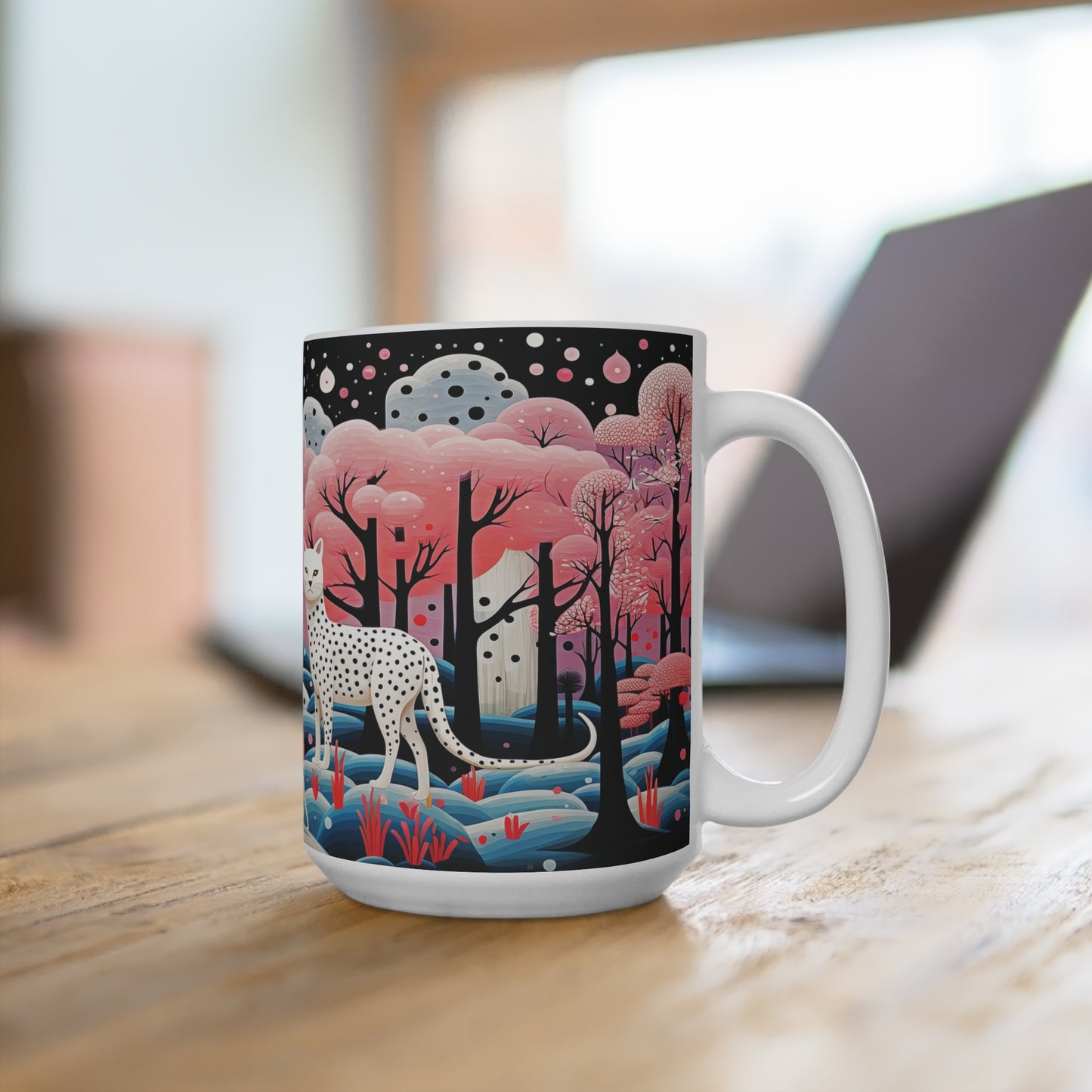 Mug 15oz White Leopards in a Pink Forest