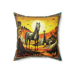 Horse in a Western Village Square Pillow