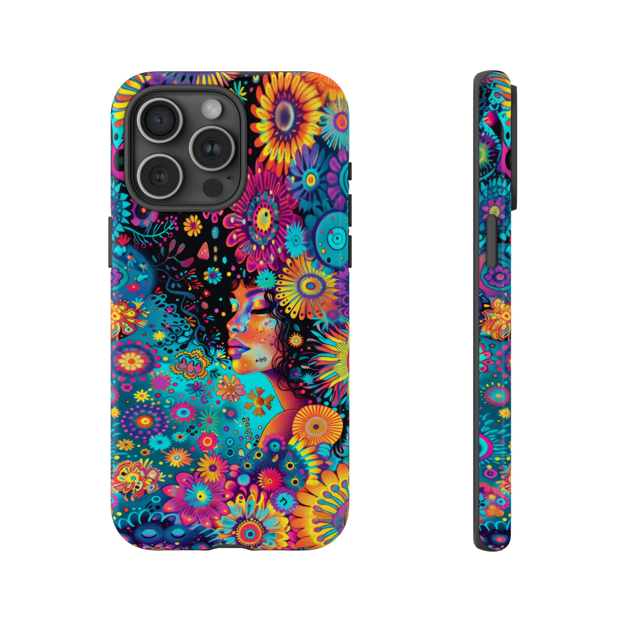 Phone Case, 1970's inspired flower girl, Artistic design, Tough Case, Colorful whimsical flower fantasy design, iPhone 15, 14, 13, 12, 11, Samsung, Pixel