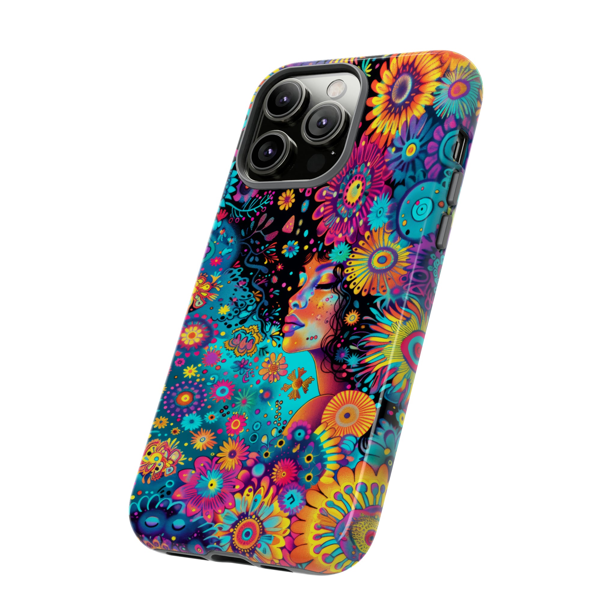 Phone Case, 1970's inspired flower girl, Artistic design, Tough Case, Colorful whimsical flower fantasy design, iPhone 15, 14, 13, 12, 11, Samsung, Pixel