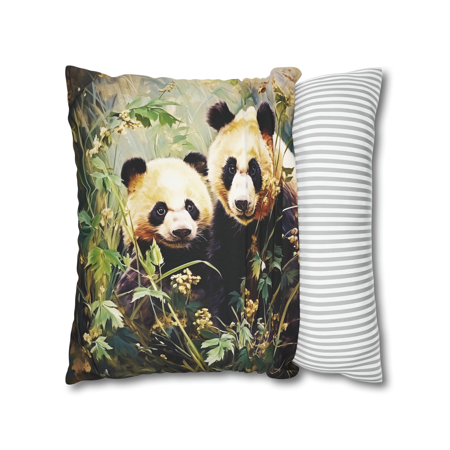 Square Pillow Case 18" x 18", CASE ONLY, no pillow form, original Art , A Mother Panda Bear and Her Cub in the Forest