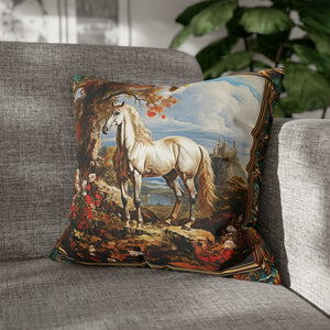 Square Pillow Case 18" x 18", CASE ONLY, no pillow form, original Art ,Colorful, A beautiful White Horse in a European Landscape