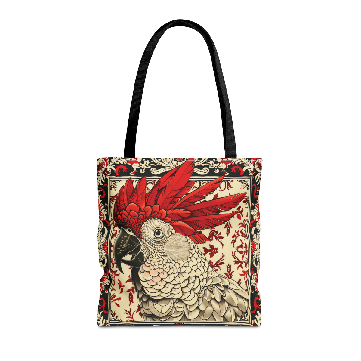 Canvas Tote Bag, vintage inspired cockatoo design, vibrant artistic accessory, whimsical all over print bag, three sizes