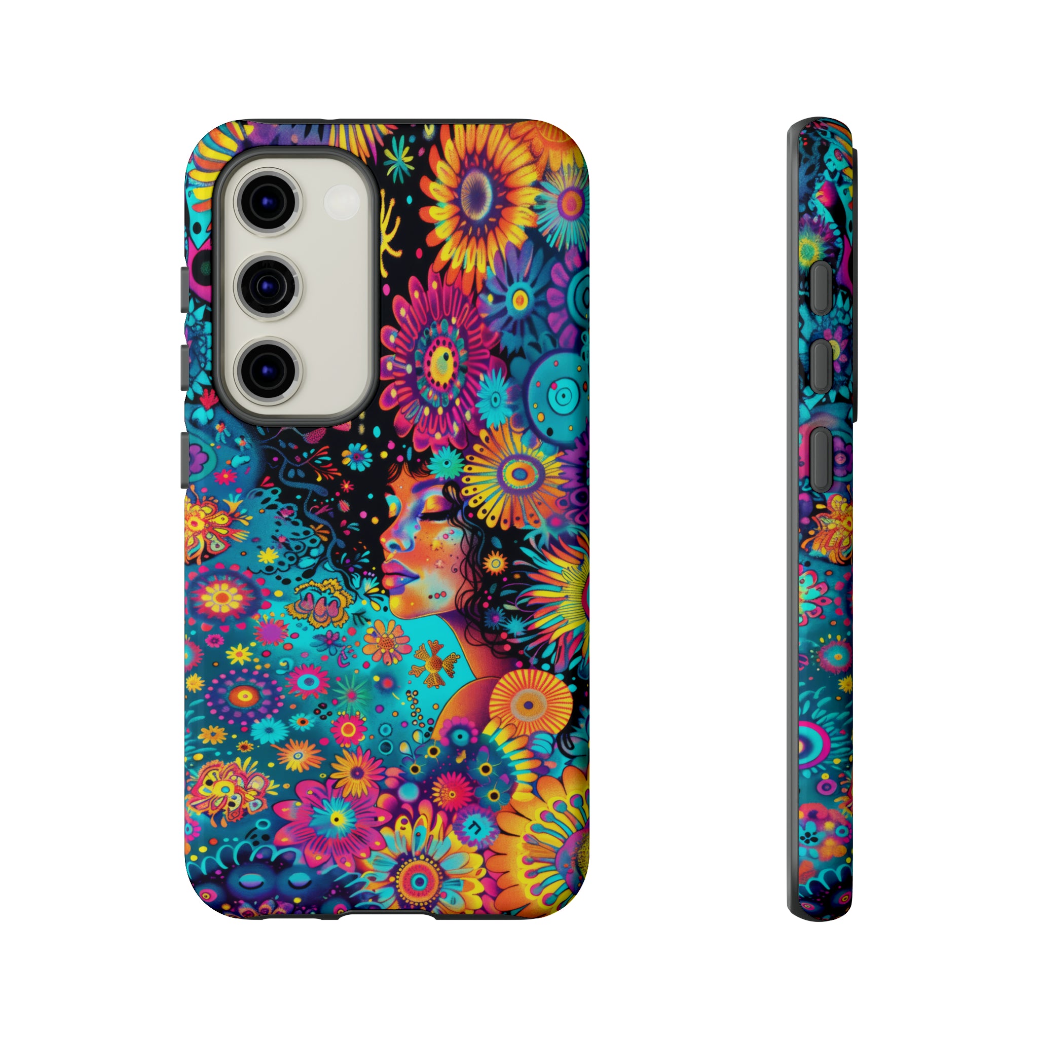 Phone Case, 1970's inspired flower girl, Artistic design, Tough Case, Colorful whimsical flower fantasy design, iPhone 15, 14, 13, 12, 11, Samsung, Pixel