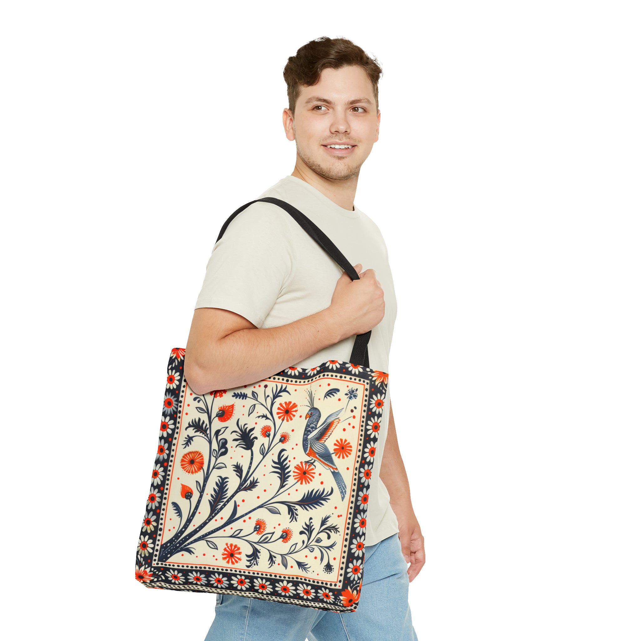 Canvas Tote Bag, red & black vintage inspired bird on a branch design, vibrant artistic accessory, whimsical all over print bag in three sizes