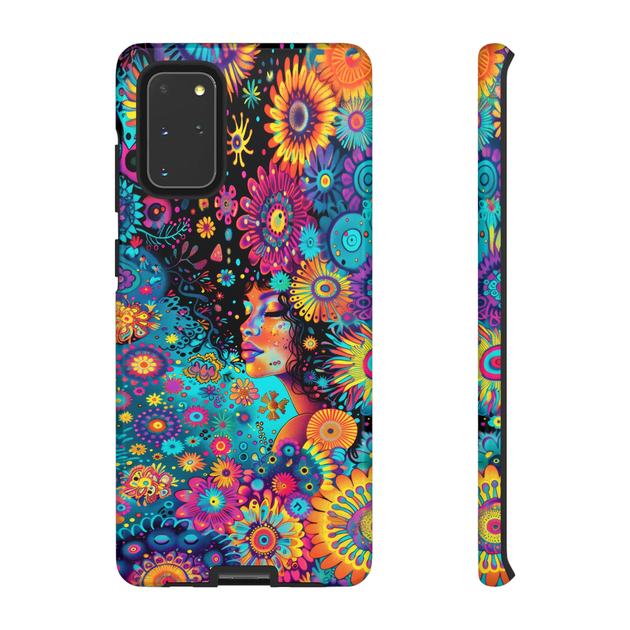 Phone Case, 1970's inspired flower girl, Artistic design, Tough Case, Colorful whimsical flower fantasy design, iPhone 15, 14, 13, 12, 11, Samsung, Pixel