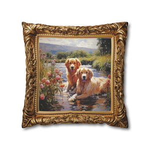 Square Pillow Case 18" x 18", CASE ONLY, no pillow form, original Art, A Portrait of a pair of Golden Retriever's in a stream