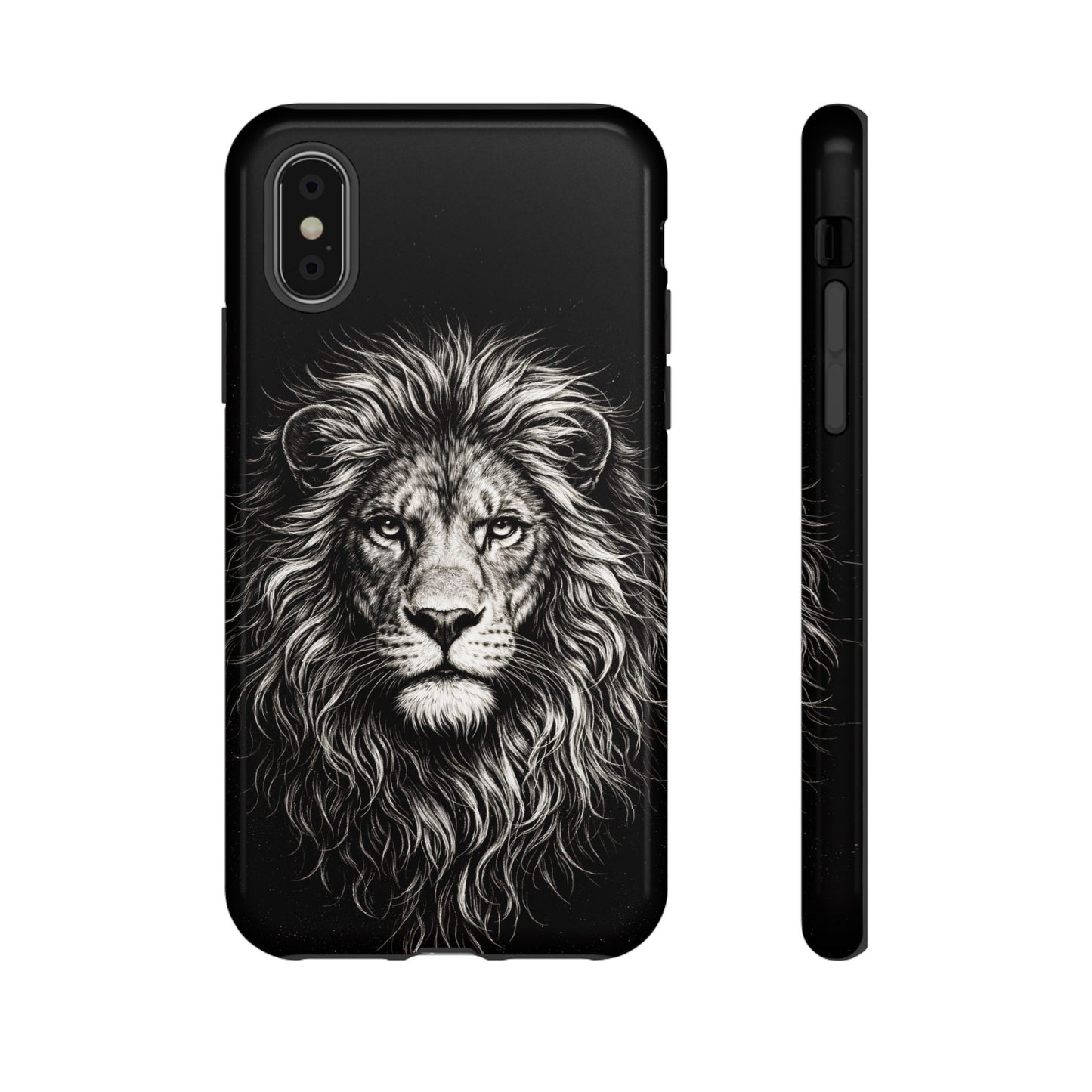 Lion Portrait Tough Phone Case — Protective Black Rugged Case with Detailed Lion Artwork