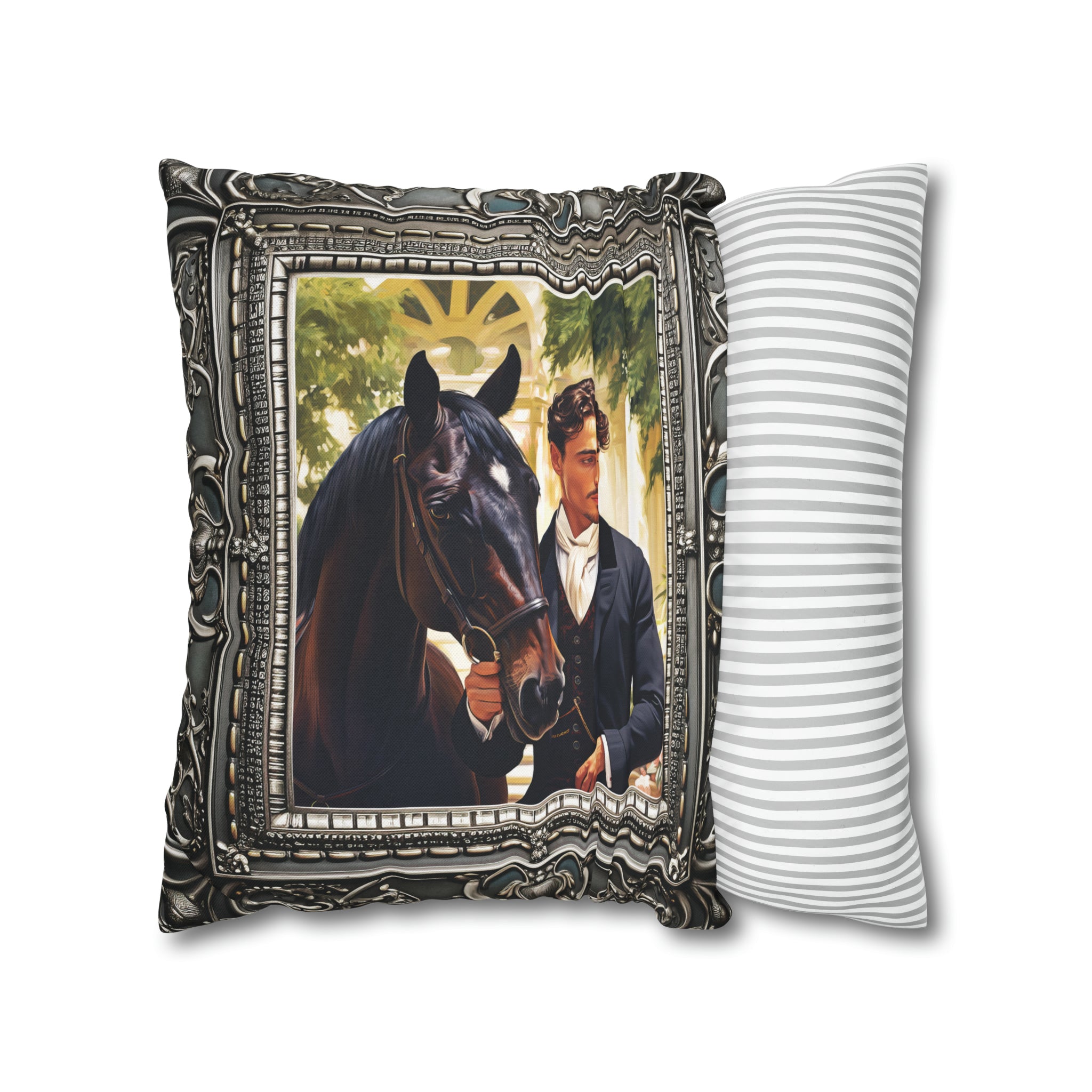 Square Pillow Case 18" x 18", CASE ONLY, no pillow form, original Art, a Painting of a young Nobleman and his Horse in an Antique Frame