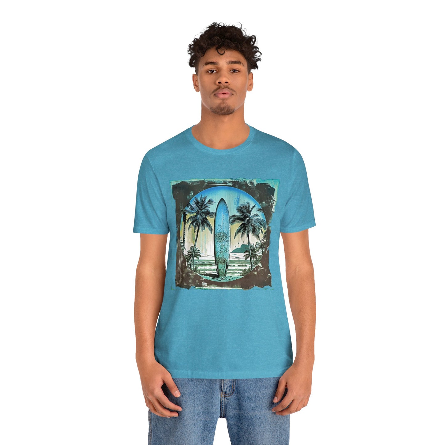 Blue board on the beach Unisex Jersey Short Sleeve Tee