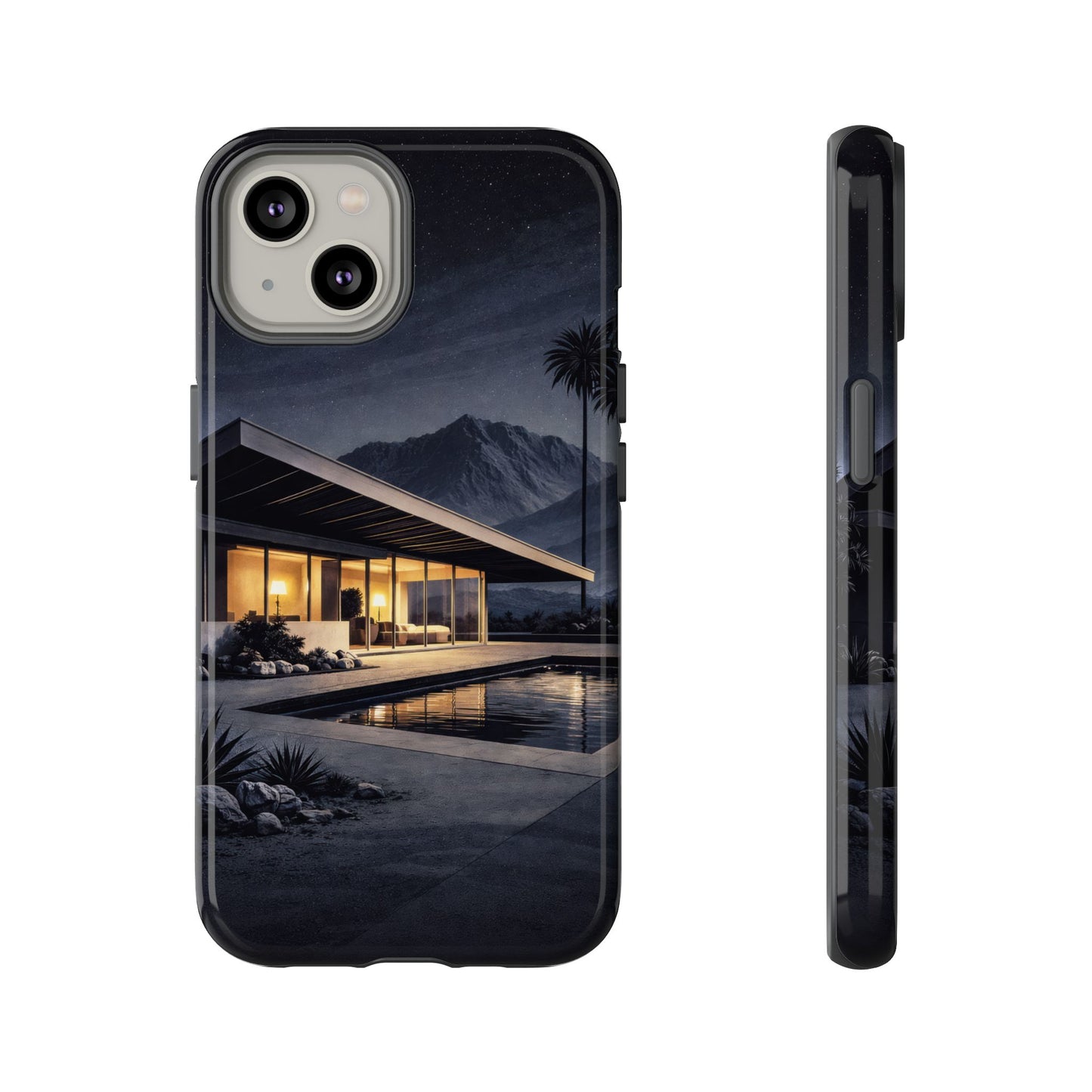 Modern Palm Springs House Phone Case — Mid-Century Poolside Evening Scene