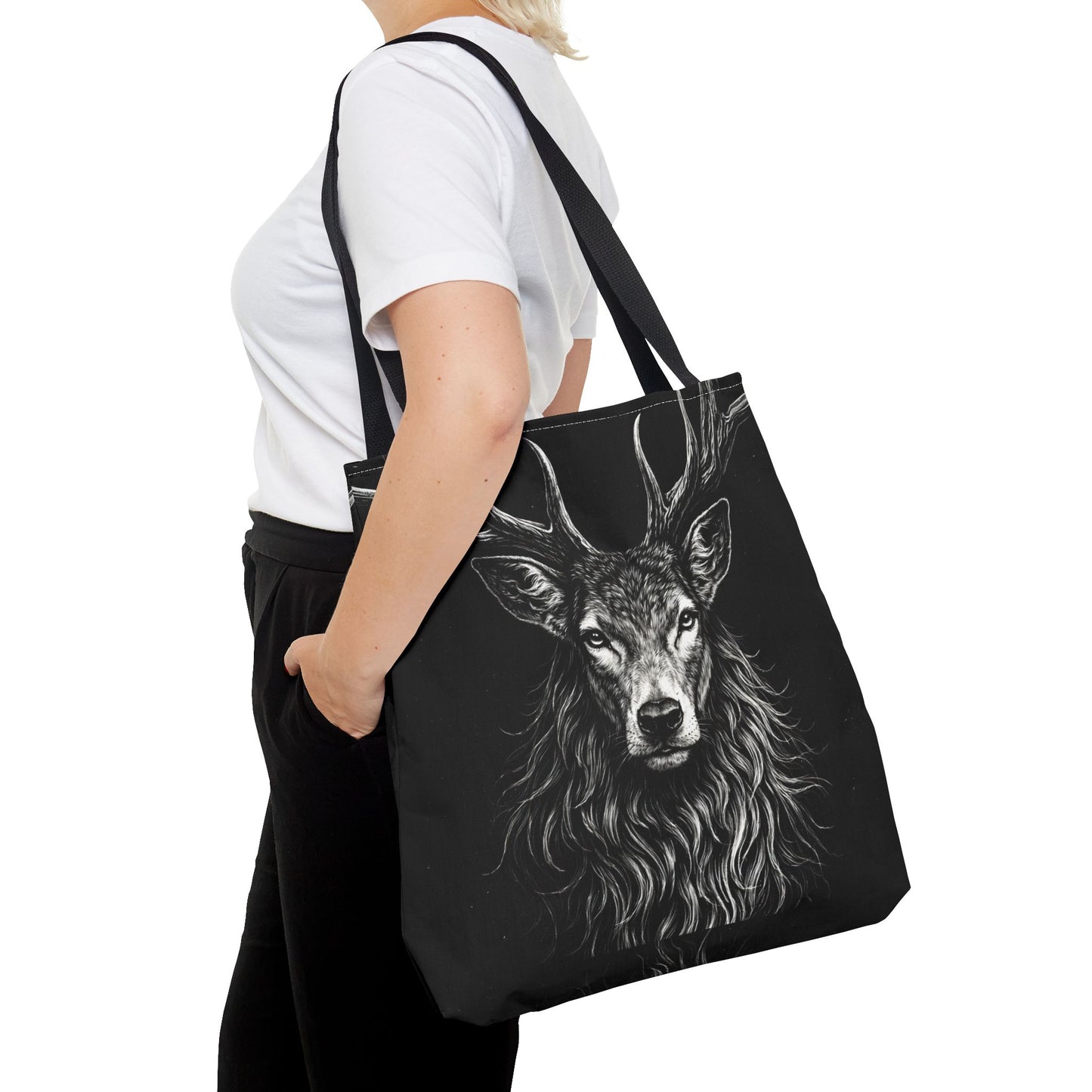 Stag Portrait Drawing Tote Bag - Dark Deer Illustration Canvas Tote