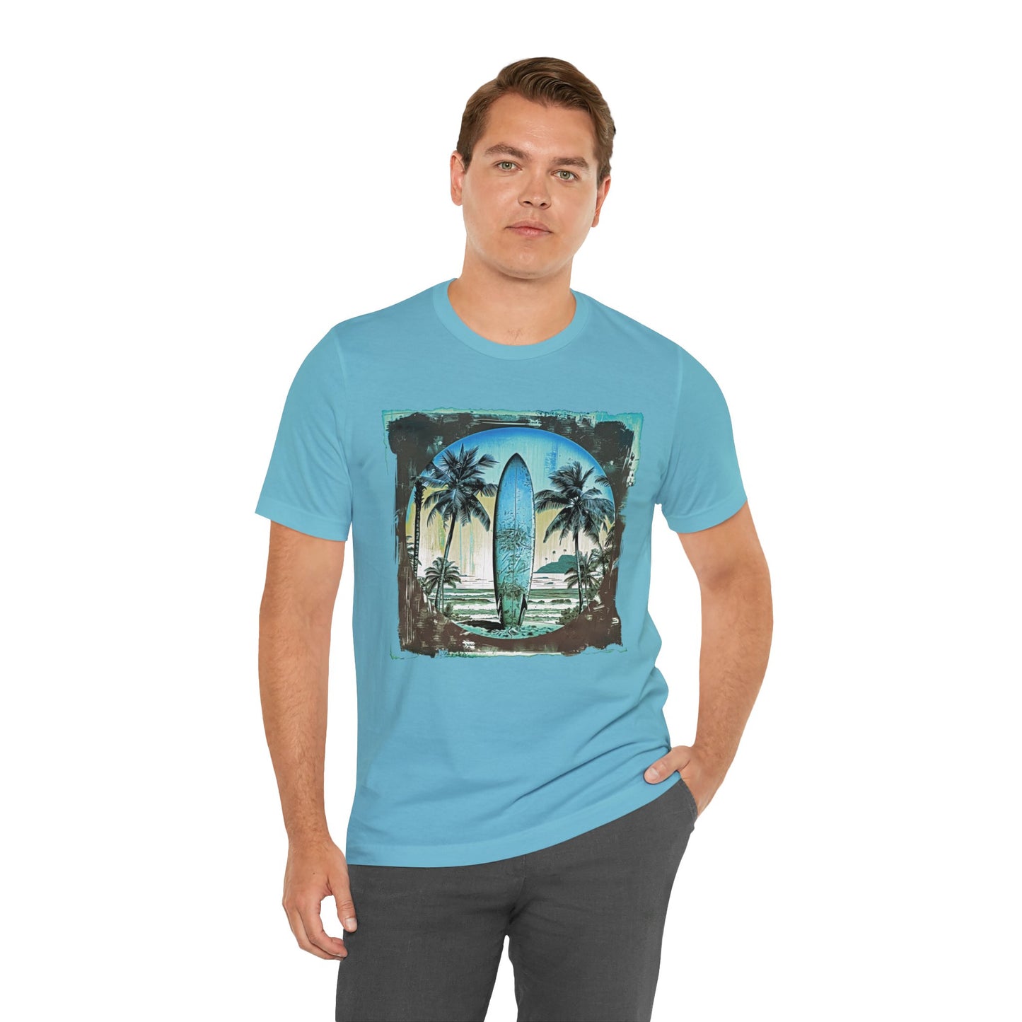 Blue board on the beach Unisex Jersey Short Sleeve Tee