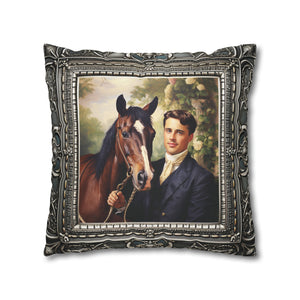 Square Pillow Case 18" x 18", CASE ONLY, no pillow form, original Art , a painting of an English Gent and His Horse Antique Frame