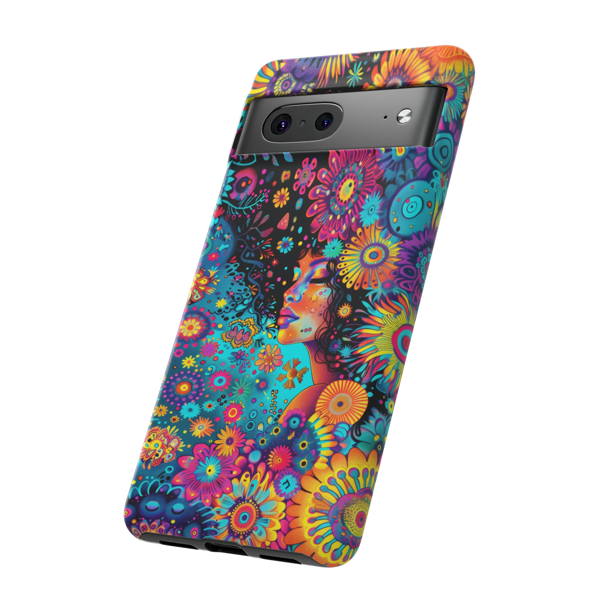 Phone Case, 1970's inspired flower girl, Artistic design, Tough Case, Colorful whimsical flower fantasy design, iPhone 15, 14, 13, 12, 11, Samsung, Pixel