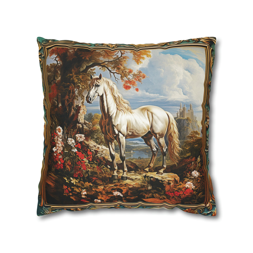 Square Pillow Case 18" x 18", CASE ONLY, no pillow form, original Art ,Colorful, A beautiful White Horse in a European Landscape