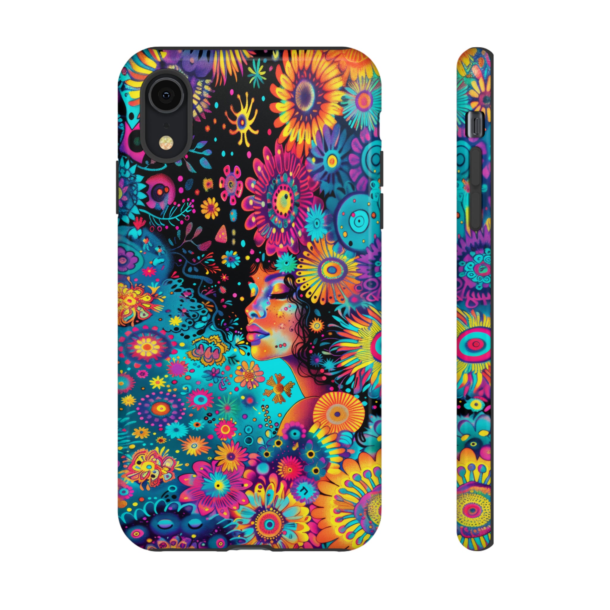 Phone Case, 1970's inspired flower girl, Artistic design, Tough Case, Colorful whimsical flower fantasy design, iPhone 15, 14, 13, 12, 11, Samsung, Pixel