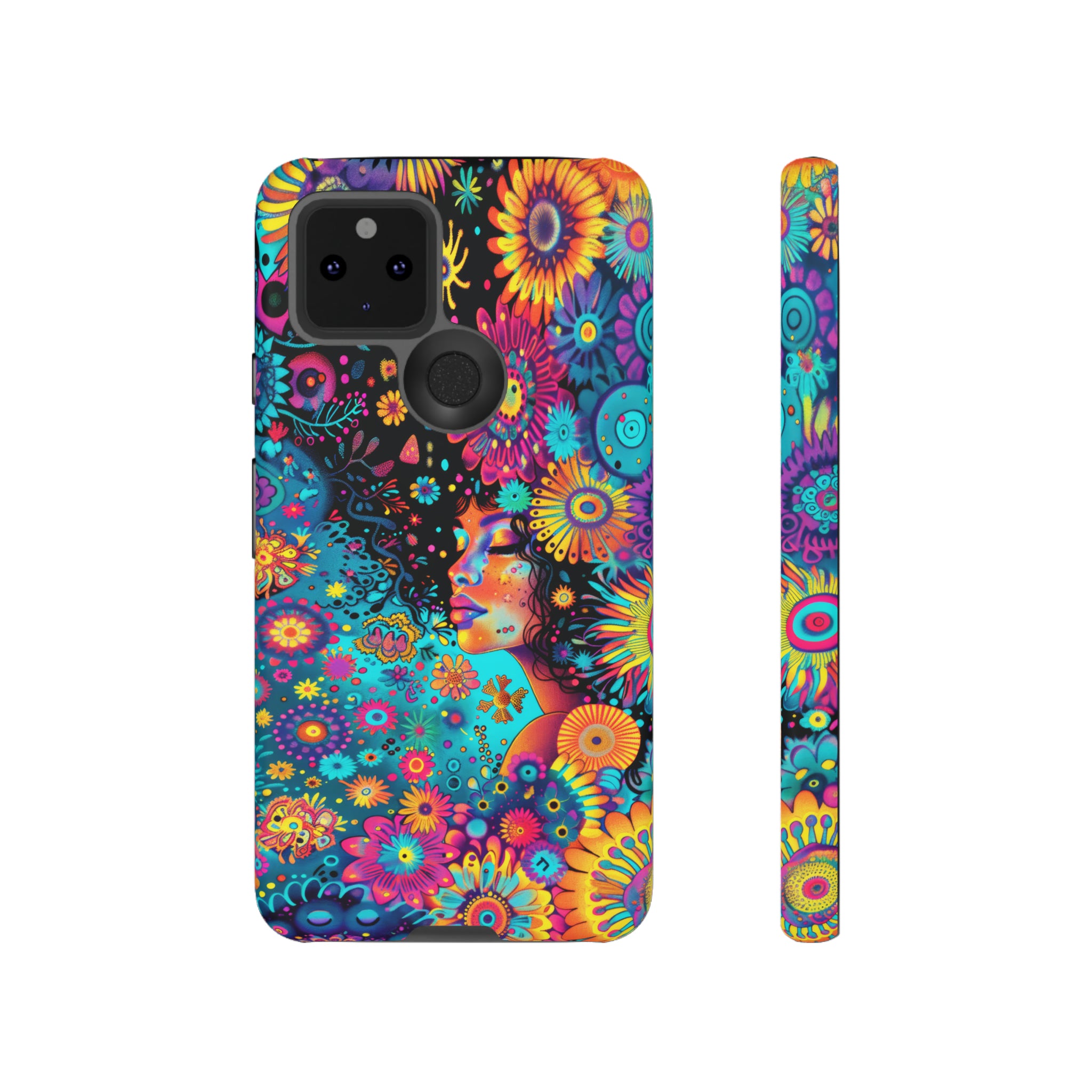 Phone Case, 1970's inspired flower girl, Artistic design, Tough Case, Colorful whimsical flower fantasy design, iPhone 15, 14, 13, 12, 11, Samsung, Pixel