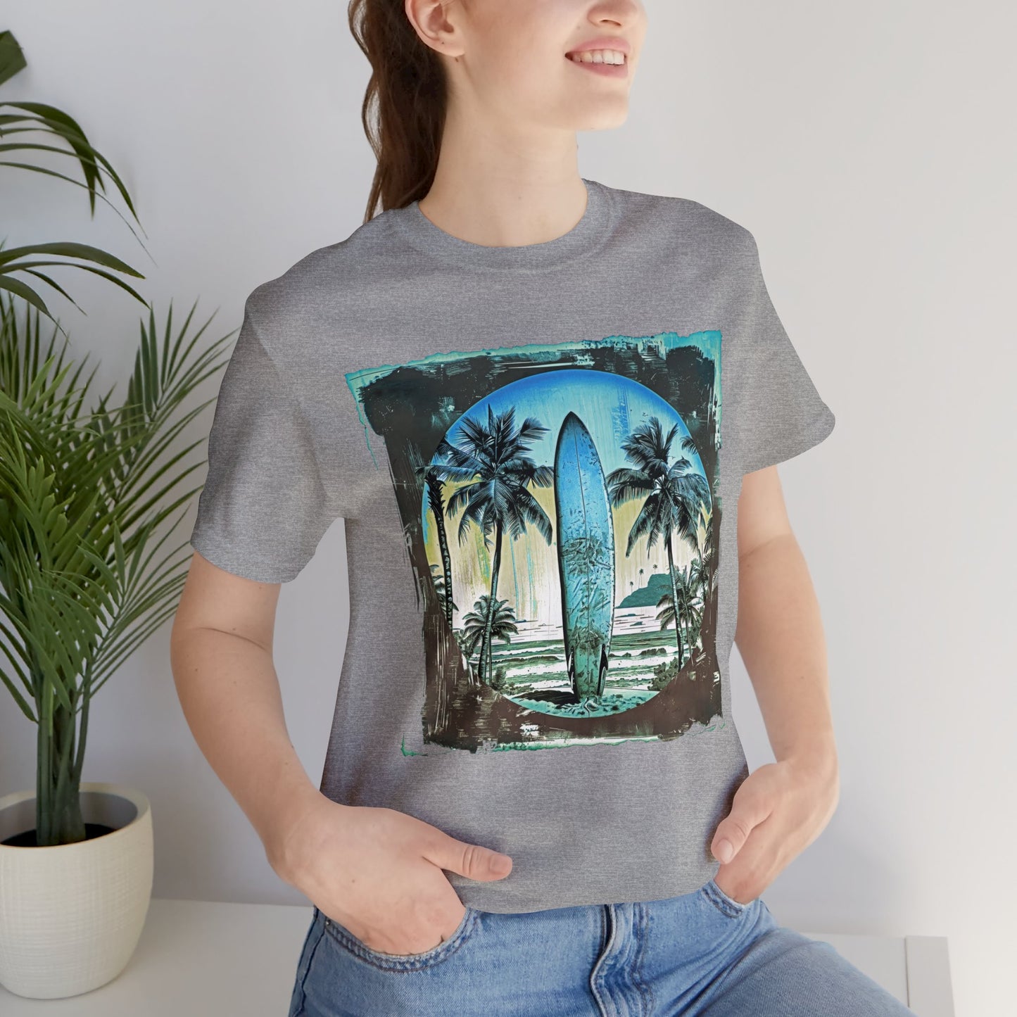 Blue board on the beach Unisex Jersey Short Sleeve Tee