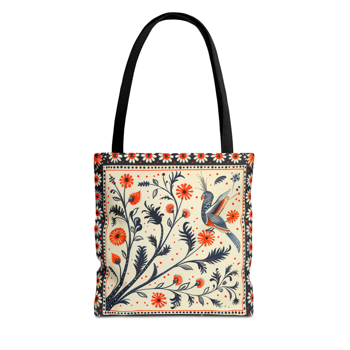 Canvas Tote Bag, red & black vintage inspired bird on a branch design, vibrant artistic accessory, whimsical all over print bag in three sizes