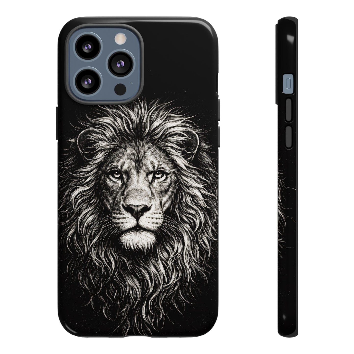 Lion Portrait Tough Phone Case — Protective Black Rugged Case with Detailed Lion Artwork