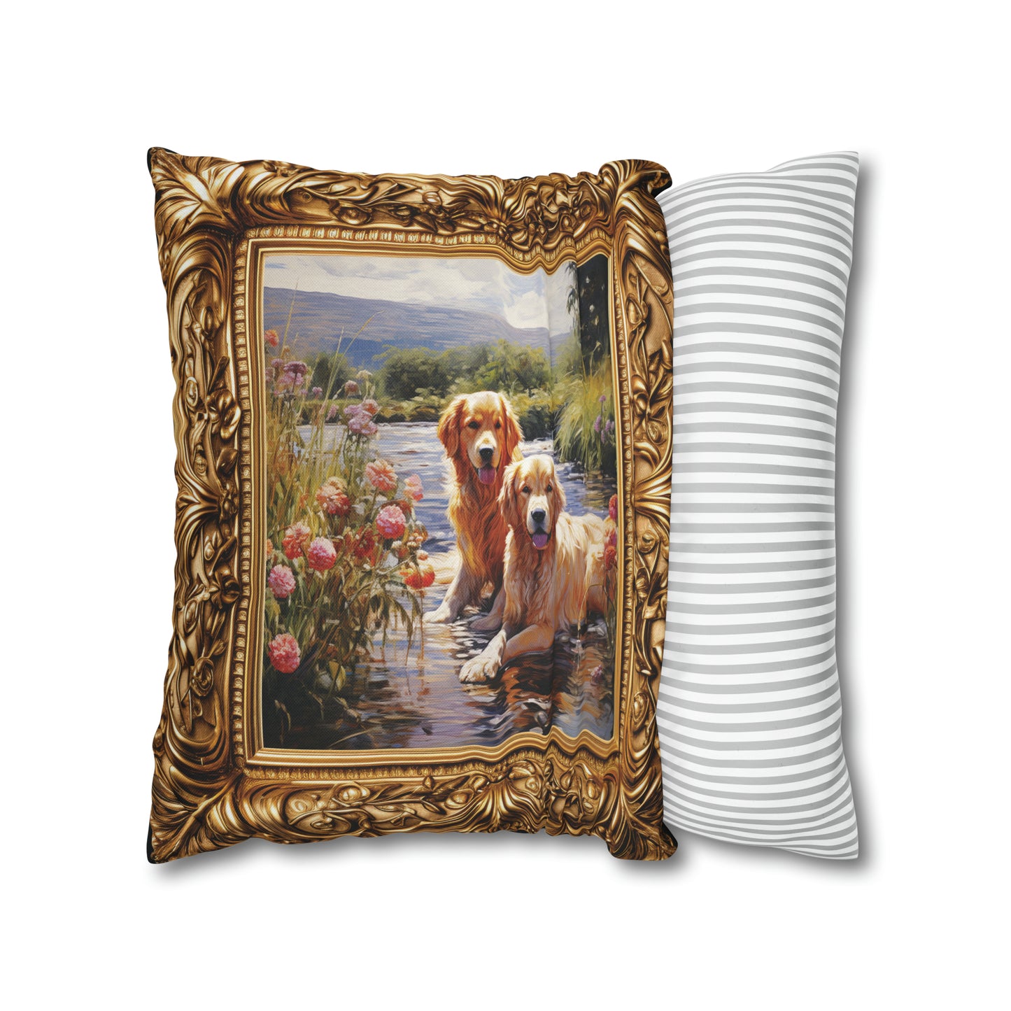 Square Pillow Case 18" x 18", CASE ONLY, no pillow form, original Art, A Portrait of a pair of Golden Retriever's in a stream