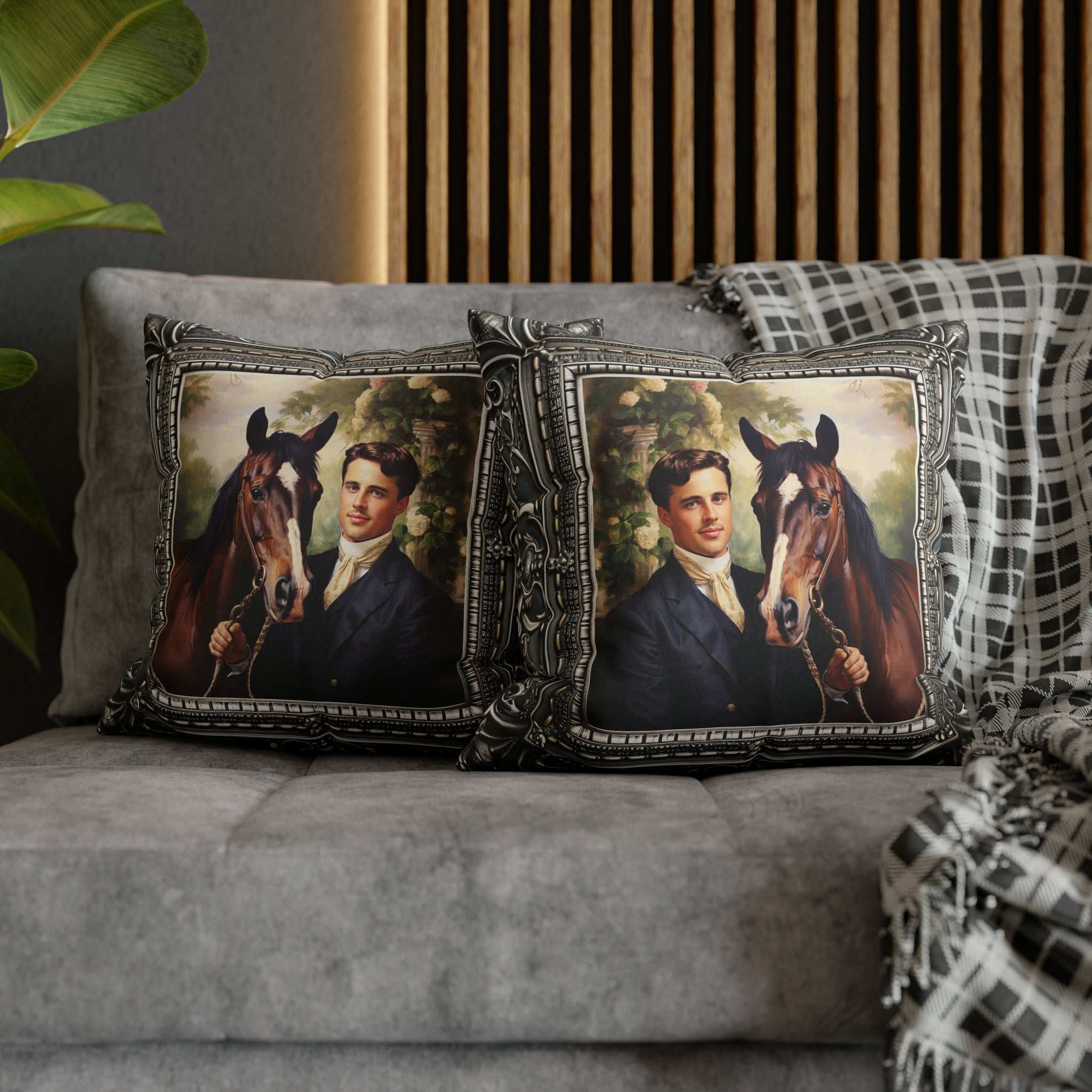 Square Pillow Case 18" x 18", CASE ONLY, no pillow form, original Art , a painting of an English Gent and His Horse Antique Frame