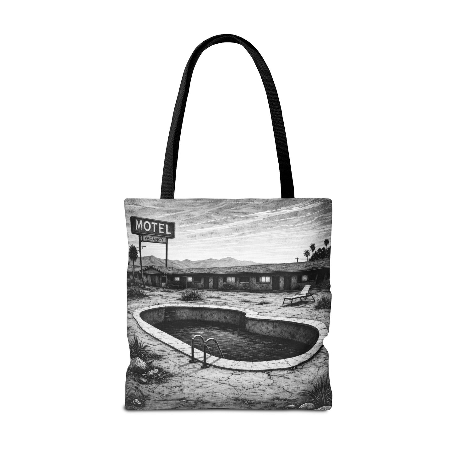 Retro Desert Motel Pool Tote Bag – Vintage Black & White Road Trip Art