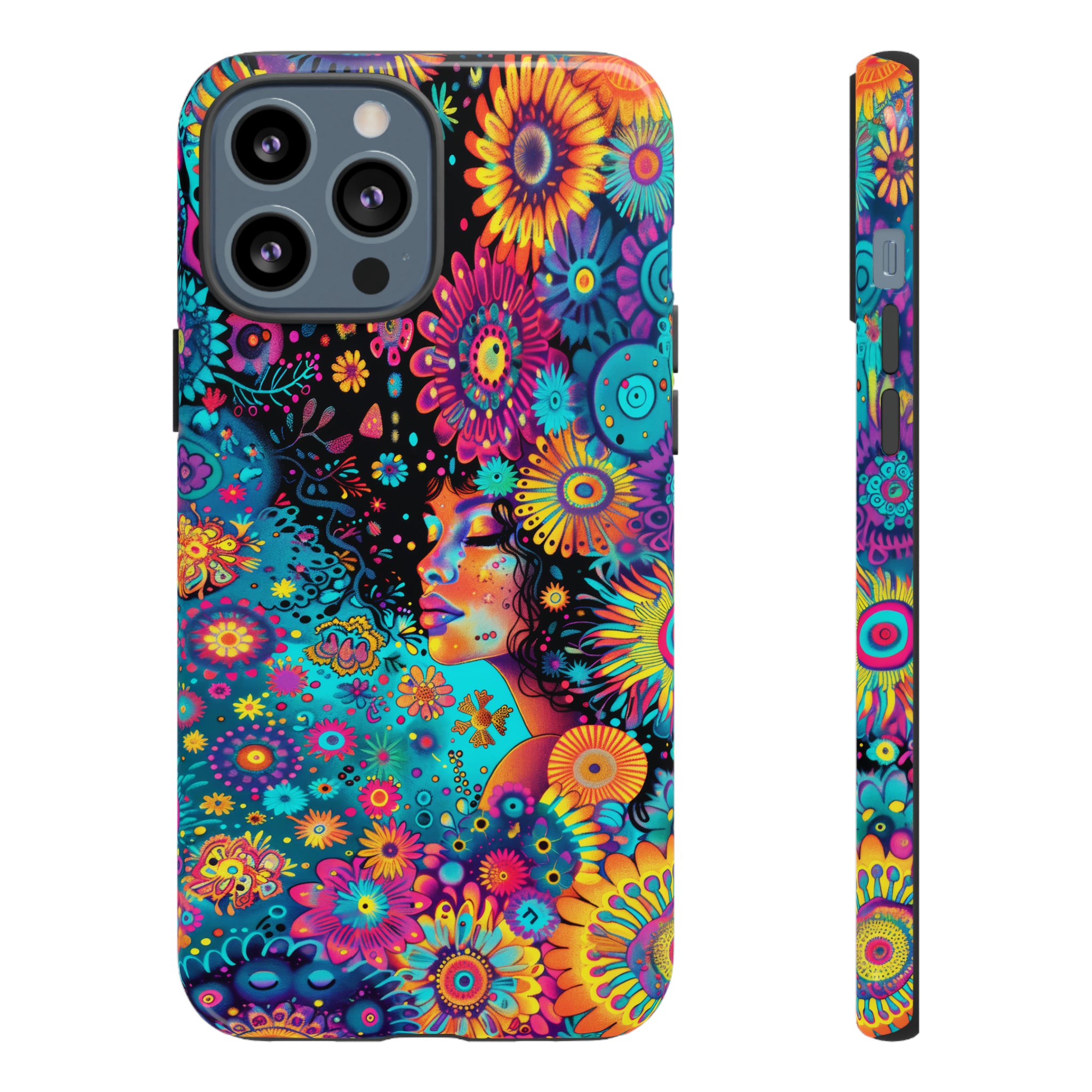 Phone Case, 1970's inspired flower girl, Artistic design, Tough Case, Colorful whimsical flower fantasy design, iPhone 15, 14, 13, 12, 11, Samsung, Pixel