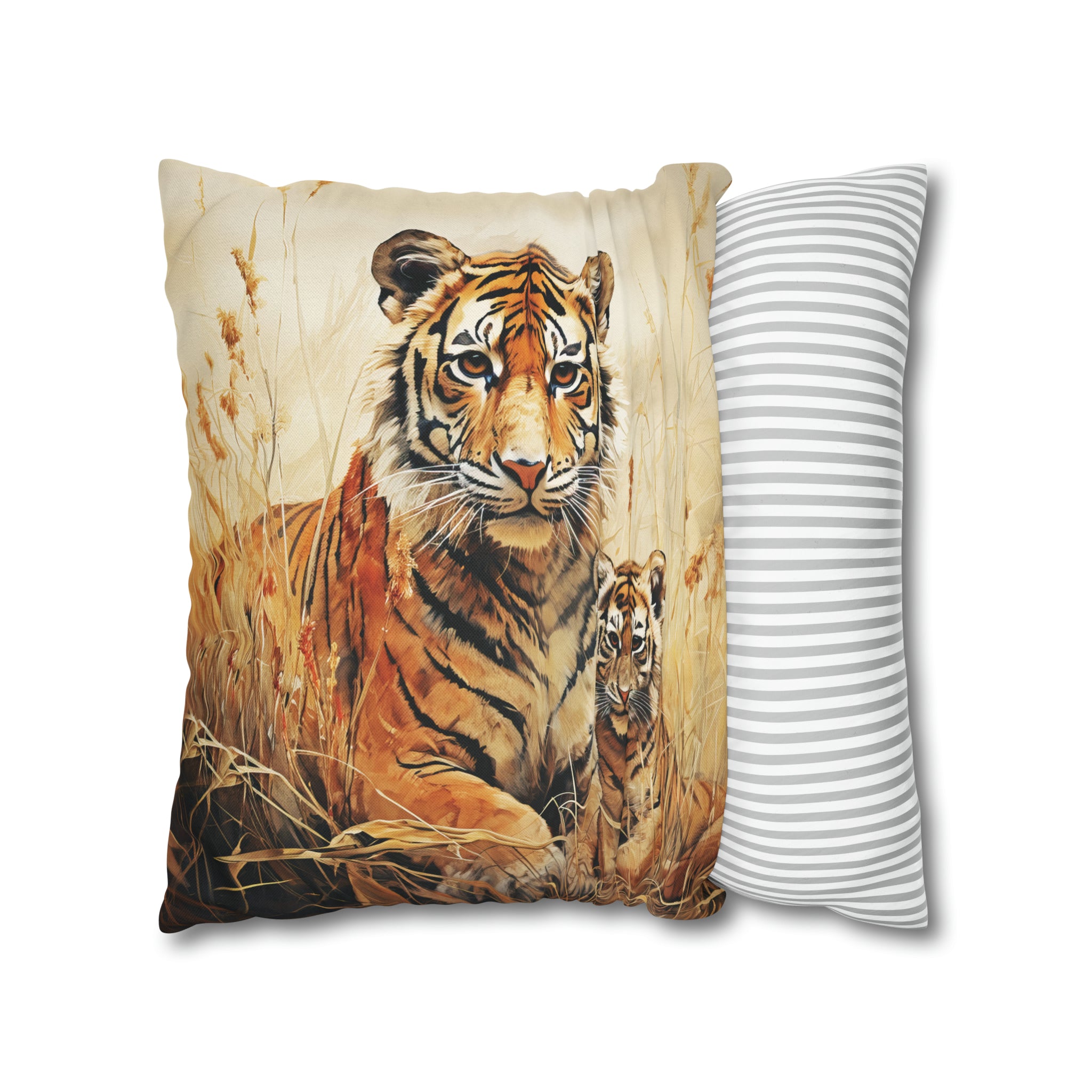 Square Pillow Case 18" x 18", CASE ONLY, no pillow form, original Art ,Colorful, A Mother Tiger and Her Cub in the African Scrub Grass