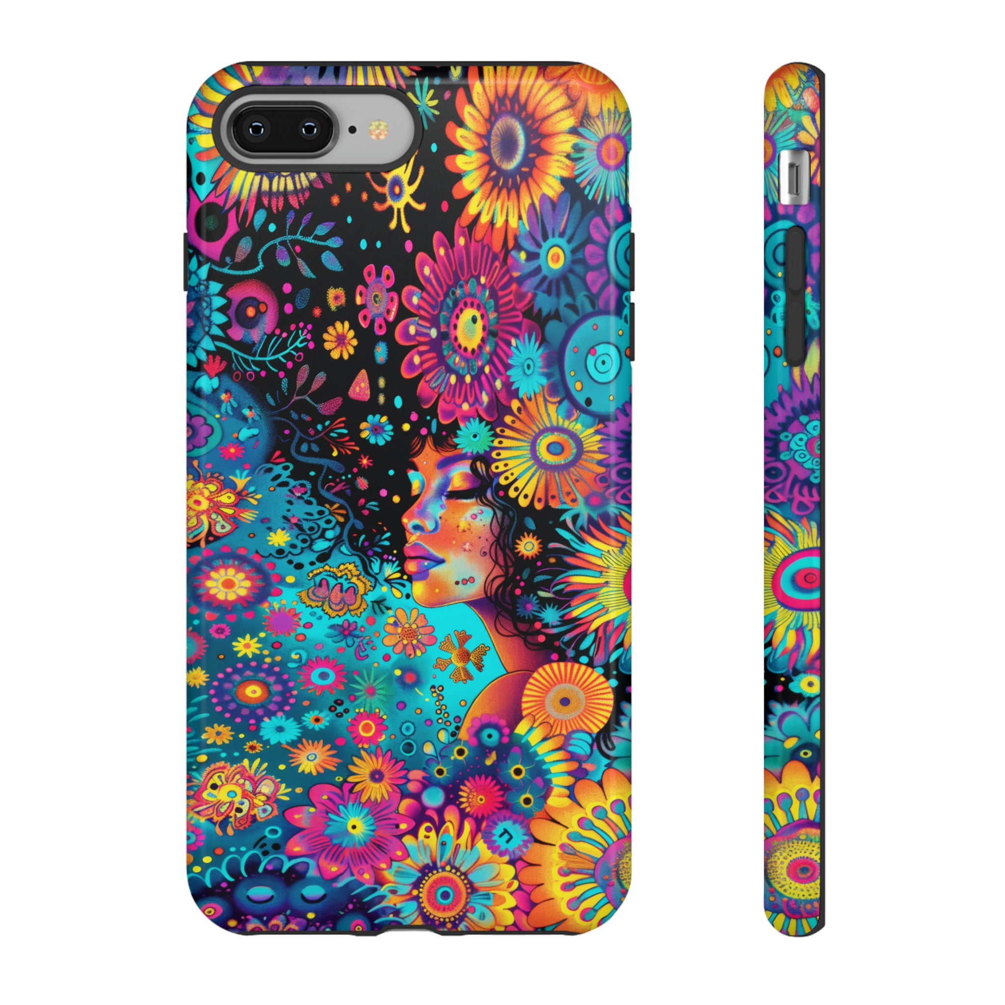 Phone Case, 1970's inspired flower girl, Artistic design, Tough Case, Colorful whimsical flower fantasy design, iPhone 15, 14, 13, 12, 11, Samsung, Pixel
