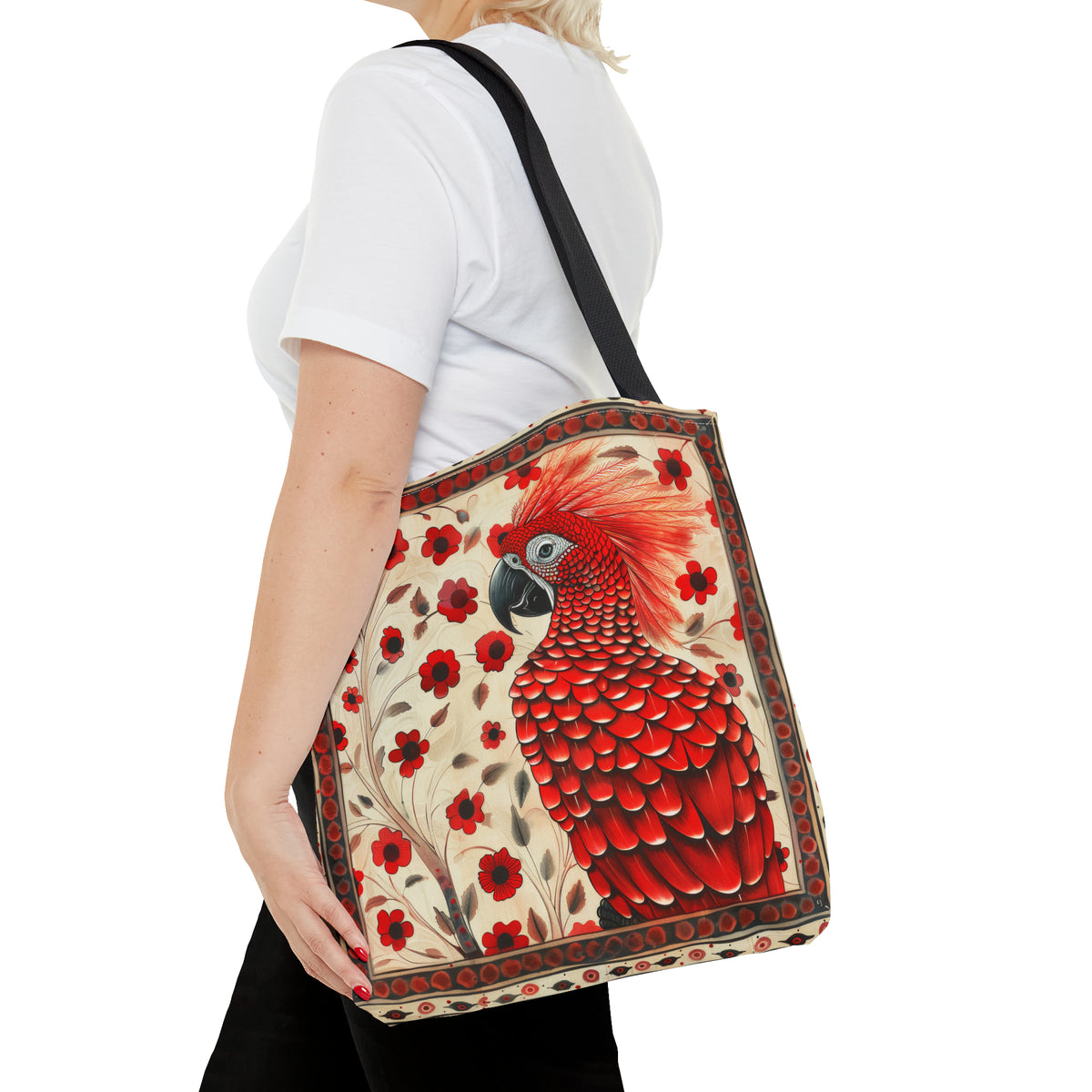 CanvasTote Bag, vintage inspired red parrot design, whimsical colorful bird printed bag, accessory tote , three sizes, all over print